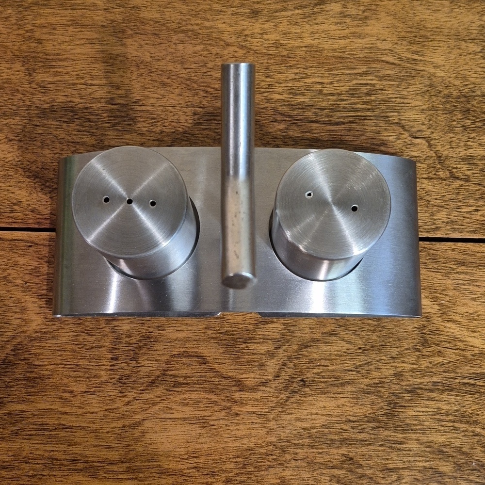 VINTAGE Stainless Steel Salt And Pepper Shaker Set With Caddy - Picture 12 of 14